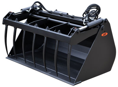 Grapple buckets with curved tines (Curved tine grapple buckets) for mini loaders