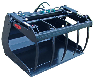 Low profile grapple bucket with curved tines (Curved tine grapple bucket) for mini loaders